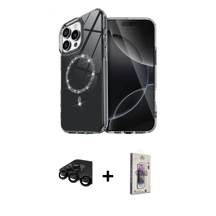 MARSİLYAN™- iPhone 15 Pro Max Kılıf Kıvılcım Form Prime - Siyah Bilvis 3D Cam Ekran Koruyucu + Raze Metal Kamera Lens - SH