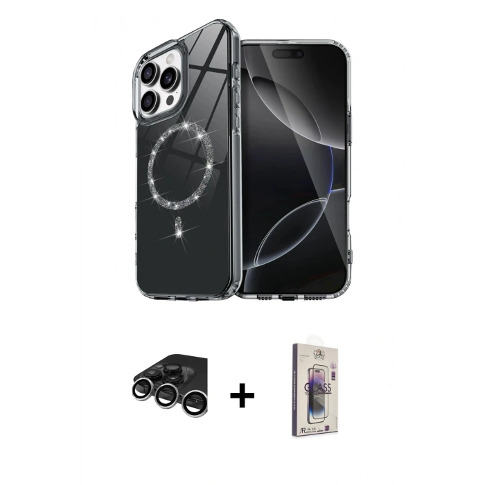 MARSİLYAN™- iPhone 15 Pro Max Kılıf Kıvılcım Form Prime - Siyah Bilvis 3D Cam Ekran Koruyucu + Raze Metal Kamera Lens - GS