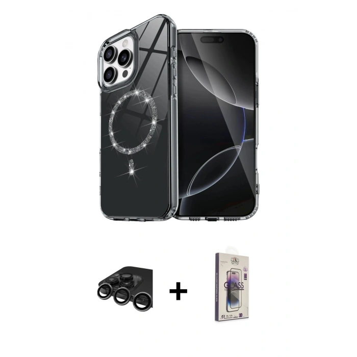 MARSİLYAN™- iPhone 15 Pro Max Kılıf Kıvılcım Form Prime - Siyah Bilvis 3D Cam Ekran Koruyucu + Raze Metal Kamera Lens - TMGI
