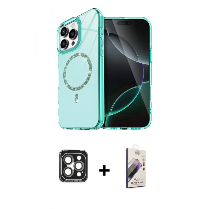 MARSİLYAN™- iPhone 15 Pro Max Kılıf Kıvılcım Form Prime - Siyah Bilvis 3D Mat Cam Ekran Koruyucu + PVD Metal Kamera Lens - GI