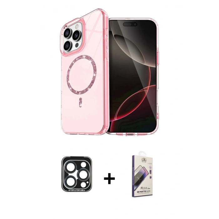 MARSİLYAN™- iPhone 15 Pro Max Kılıf Kıvılcım Form Prime - Siyah Bilvis 3D Mat Cam Ekran Koruyucu + PVD Metal Kamera Lens - LT