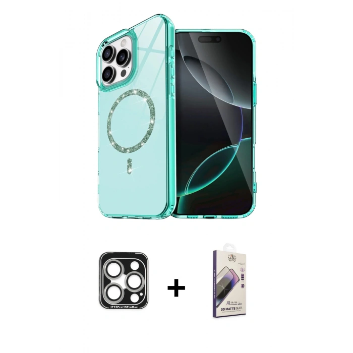 MARSİLYAN™- iPhone 15 Pro Max Kılıf Kıvılcım Form Prime - Siyah Bilvis 3D Mat Cam Ekran Koruyucu + PVD Metal Kamera Lens - GS
