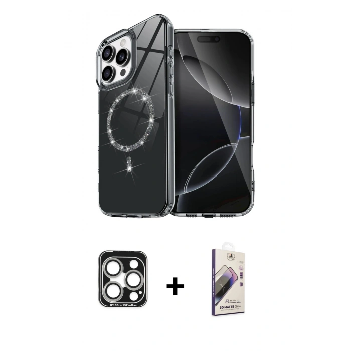 MARSİLYAN™- iPhone 15 Pro Max Kılıf Kıvılcım Form Prime - Siyah Bilvis 3D Mat Cam Ekran Koruyucu + PVD Metal Kamera Lens - GS