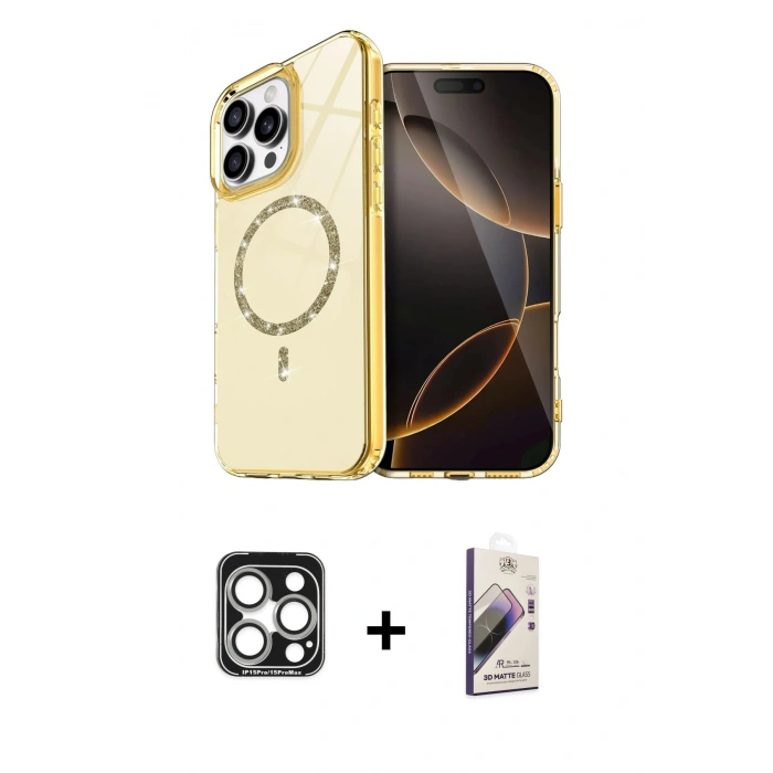 MARSİLYAN™- iPhone 15 Pro Max Kılıf Kıvılcım Form Prime - Siyah Bilvis 3D Mat Cam Ekran Koruyucu + PVD Metal Kamera Lens - GS