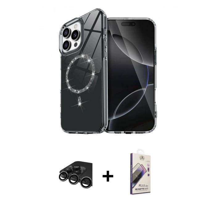 MARSİLYAN™- iPhone 15 Pro Max Kılıf Kıvılcım Form Prime - Siyah Bilvis 3D Mat Cam Ekran Koruyucu + Raze Metal Kamera Lens - TMGI
