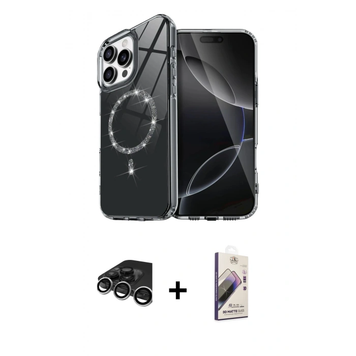 MARSİLYAN™- iPhone 15 Pro Max Kılıf Kıvılcım Form Prime - Siyah Bilvis 3D Mat Cam Ekran Koruyucu + Raze Metal Kamera Lens - GS