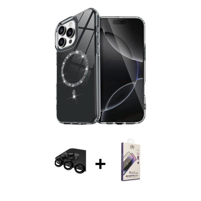 MARSİLYAN™- iPhone 15 Pro Max Kılıf Kıvılcım Form Prime - Siyah Bilvis 3D Mat Cam Ekran Koruyucu + Raze Metal Kamera Lens - SH