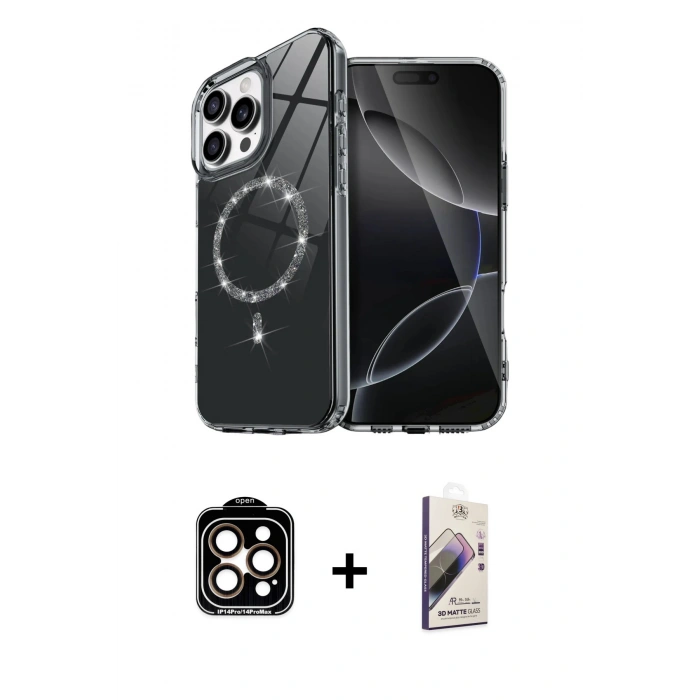 MARSİLYAN™- iPhone 15 Pro Max Kılıf Kıvılcım Form Prime - Siyah Bilvis 3D Mat Cam Ekran Koruyucu + PVD Metal Kamera Lens - TU