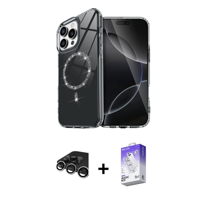 MARSİLYAN™- iPhone 15 Pro Max Kılıf Kıvılcım Form Prime - Siyah Bilvis 5in1 3D Magic Cam Ekran Koruyucu + Raze Metal Kamera Lens - GS