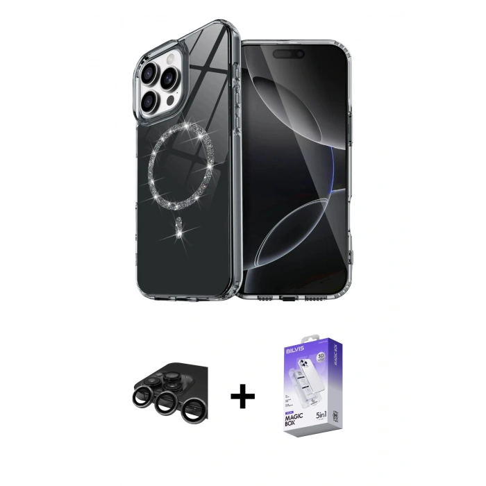 MARSİLYAN™- iPhone 15 Pro Max Kılıf Kıvılcım Form Prime - Siyah Bilvis 5in1 3D Magic Cam Ekran Koruyucu + Raze Metal Kamera Lens - TMGI