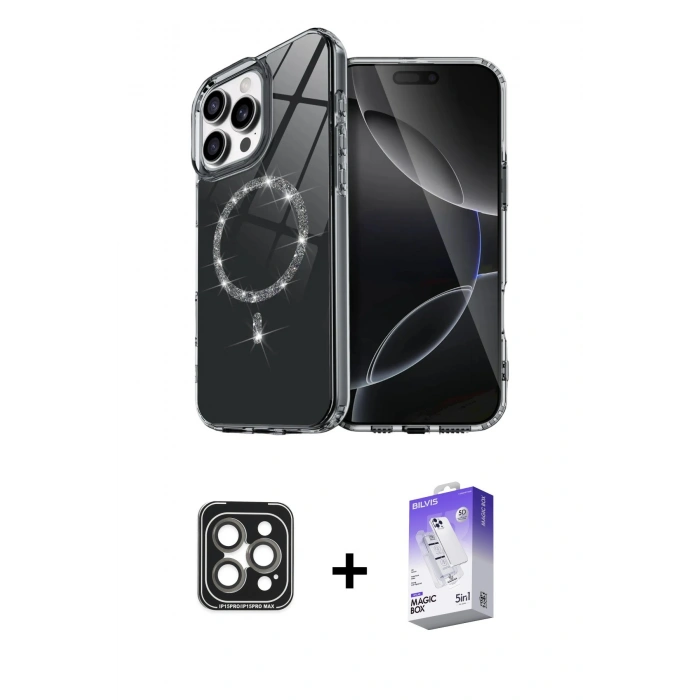 MARSİLYAN™- iPhone 15 Pro Max Kılıf Kıvılcım Form Prime - Siyah Bilvis 5in1 3D Magic Cam Ekran Koruyucu + PVD Metal Kamera Lens - GI