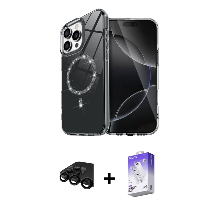 MARSİLYAN™- iPhone 15 Pro Max Kılıf Kıvılcım Form Prime - Siyah Bilvis 5in1 3D Magic Cam Ekran Koruyucu + Raze Metal Kamera Lens - SH