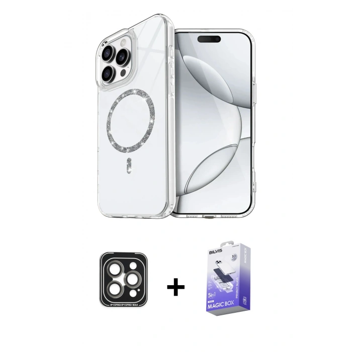 MARSİLYAN™- iPhone 15 Pro Max Kılıf Kıvılcım Form Prime - Siyah Bilvis 5in1 5D Magic Hayalet Cam Ekran Koruyucu + PVD Metal Kamera Lens - GI