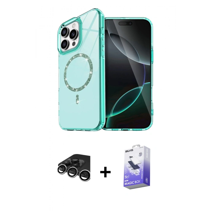 MARSİLYAN™- iPhone 15 Pro Max Kılıf Kıvılcım Form Prime - Siyah Bilvis 5in1 5D Magic Hayalet Cam Ekran Koruyucu + Raze Metal Kamera Lens - GS