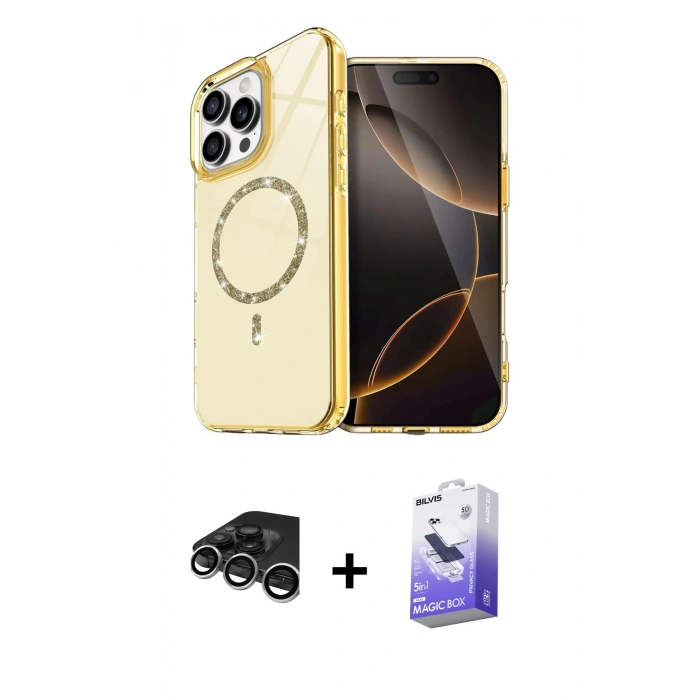 MARSİLYAN™- iPhone 15 Pro Max Kılıf Kıvılcım Form Prime - Siyah Bilvis 5in1 5D Magic Hayalet Cam Ekran Koruyucu + Raze Metal Kamera Lens - GS