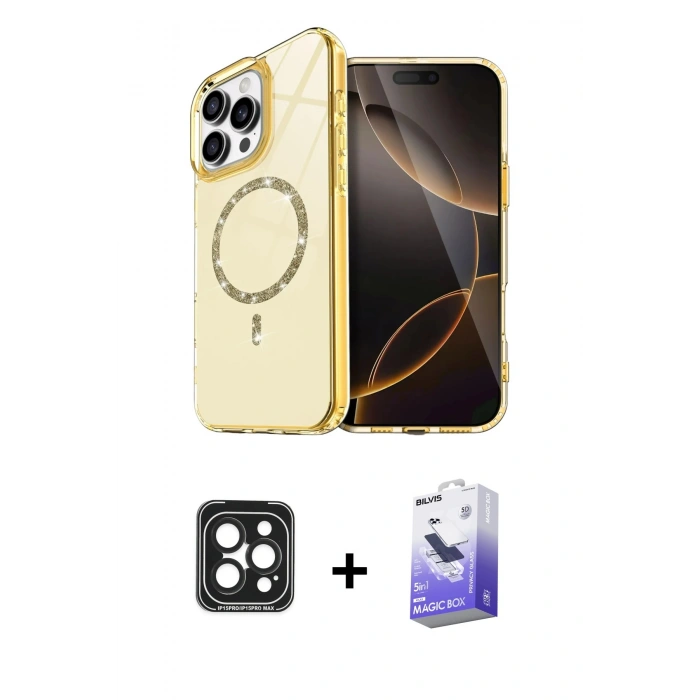 MARSİLYAN™- iPhone 15 Pro Max Kılıf Kıvılcım Form Prime - Siyah Bilvis 5in1 5D Magic Hayalet Cam Ekran Koruyucu + Siyah PVD Metal Kamera Lens