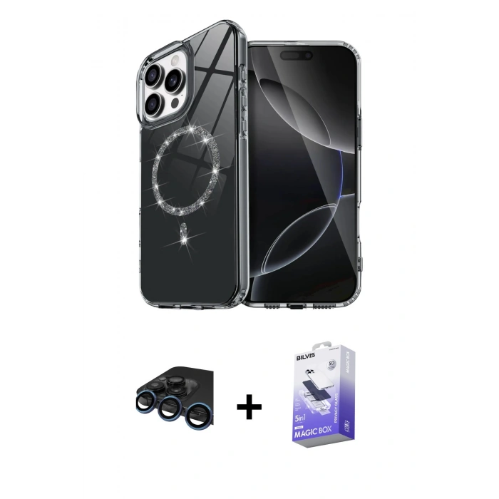 MARSİLYAN™- iPhone 15 Pro Max Kılıf Kıvılcım Form Prime - Siyah Bilvis 5in1 5D Magic Hayalet Cam Ekran Koruyucu + Raze Metal Kamera Lens - LT