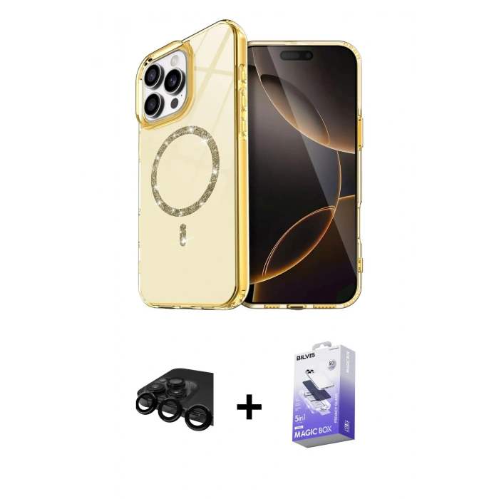 MARSİLYAN™- iPhone 15 Pro Max Kılıf Kıvılcım Form Prime - Siyah Bilvis 5in1 5D Magic Hayalet Cam Ekran Koruyucu + Raze Metal Kamera Lens - SH