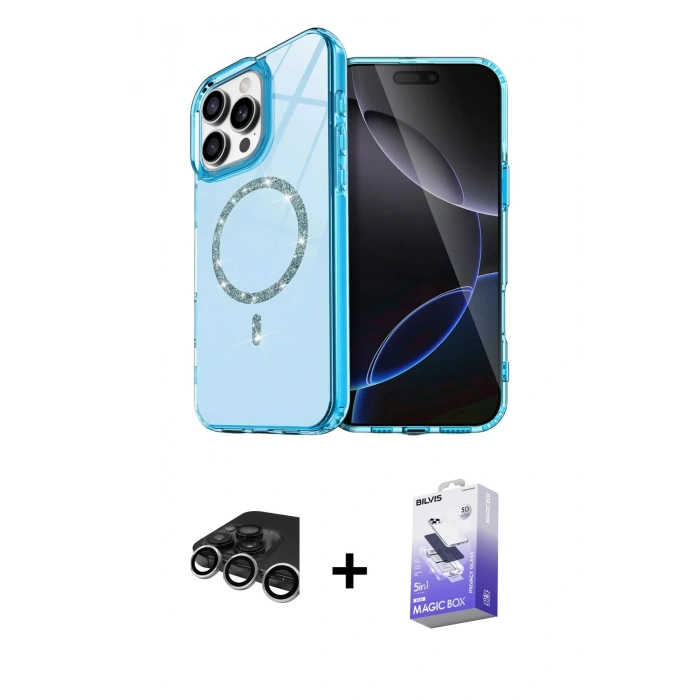 MARSİLYAN™- iPhone 15 Pro Max Kılıf Kıvılcım Form Prime - Siyah Bilvis 5in1 5D Magic Hayalet Cam Ekran Koruyucu + Raze Metal Kamera Lens - GS