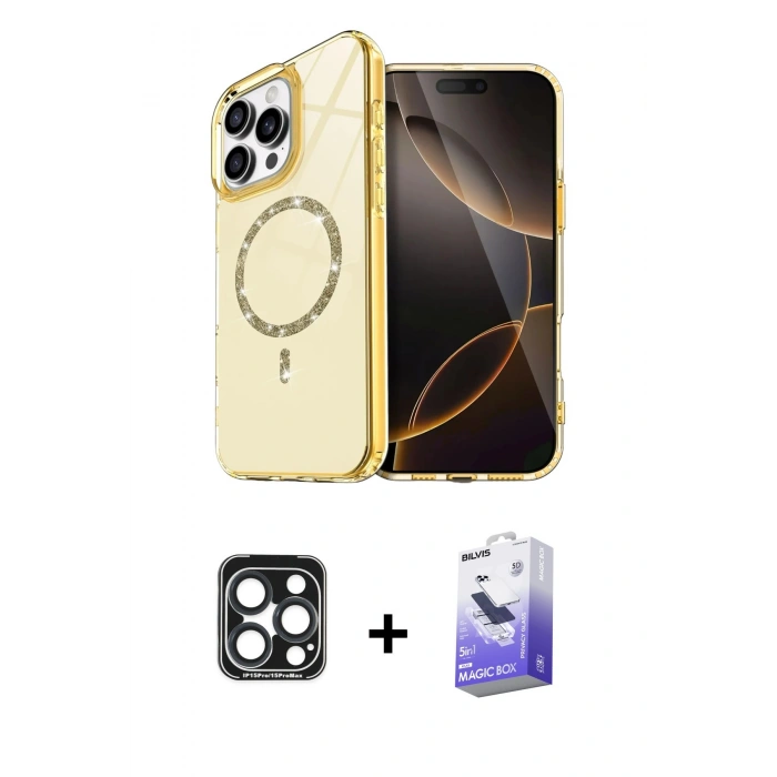 MARSİLYAN™- iPhone 15 Pro Max Kılıf Kıvılcım Form Prime - Siyah Bilvis 5in1 5D Magic Hayalet Cam Ekran Koruyucu + PVD Metal Kamera Lens - LT