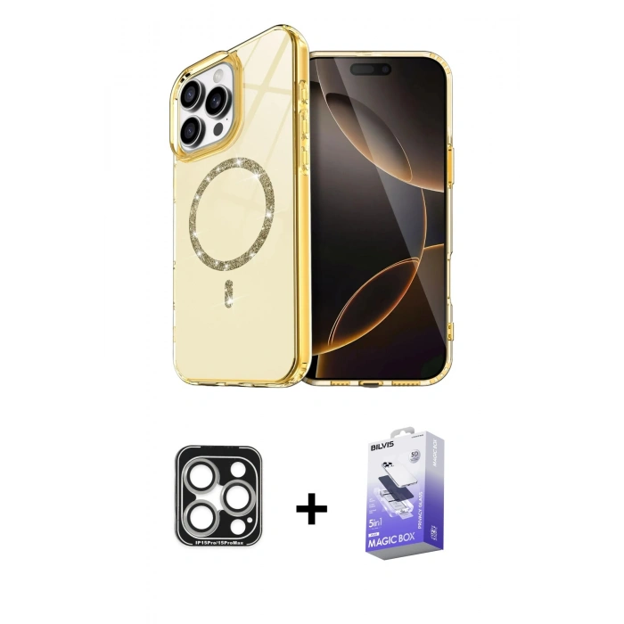 MARSİLYAN™- iPhone 15 Pro Max Kılıf Kıvılcım Form Prime - Siyah Bilvis 5in1 5D Magic Hayalet Cam Ekran Koruyucu + PVD Metal Kamera Lens - GS