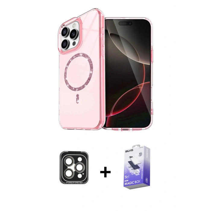 MARSİLYAN™- iPhone 15 Pro Max Kılıf Kıvılcım Form Prime - Siyah Bilvis 5in1 5D Magic Hayalet Cam Ekran Koruyucu + PVD Metal Kamera Lens - GI