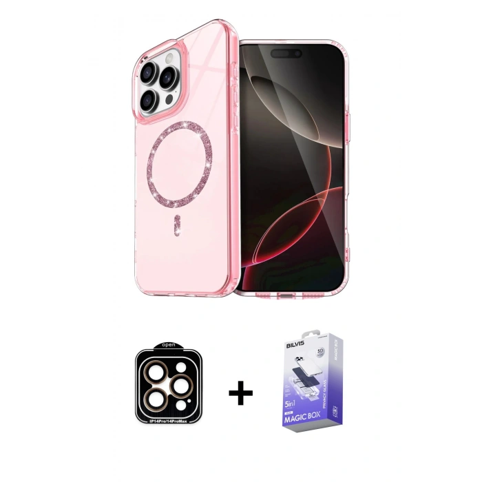 MARSİLYAN™- iPhone 15 Pro Max Kılıf Kıvılcım Form Prime - Siyah Bilvis 5in1 5D Magic Hayalet Cam Ekran Koruyucu + PVD Metal Kamera Lens - TU
