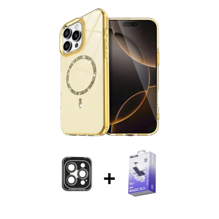 MARSİLYAN™- iPhone 15 Pro Max Kılıf Kıvılcım Form Prime - Siyah Bilvis 5in1 5D Magic Hayalet Cam Ekran Koruyucu + PVD Metal Kamera Lens - GI