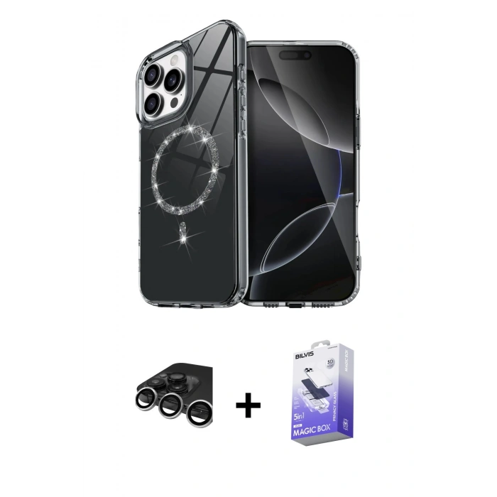 MARSİLYAN™- iPhone 15 Pro Max Kılıf Kıvılcım Form Prime - Siyah Bilvis 5in1 5D Magic Hayalet Cam Ekran Koruyucu + Raze Metal Kamera Lens - GS