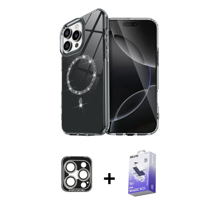 MARSİLYAN™- iPhone 15 Pro Max Kılıf Kıvılcım Form Prime - Siyah Bilvis 5in1 5D Magic Hayalet Cam Ekran Koruyucu + PVD Metal Kamera Lens - GS