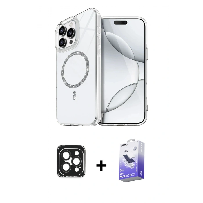 MARSİLYAN™- iPhone 15 Pro Max Kılıf Kıvılcım Form Prime - Siyah Bilvis 5in1 5D Magic Hayalet Cam Ekran Koruyucu + Siyah PVD Metal Kamera Lens