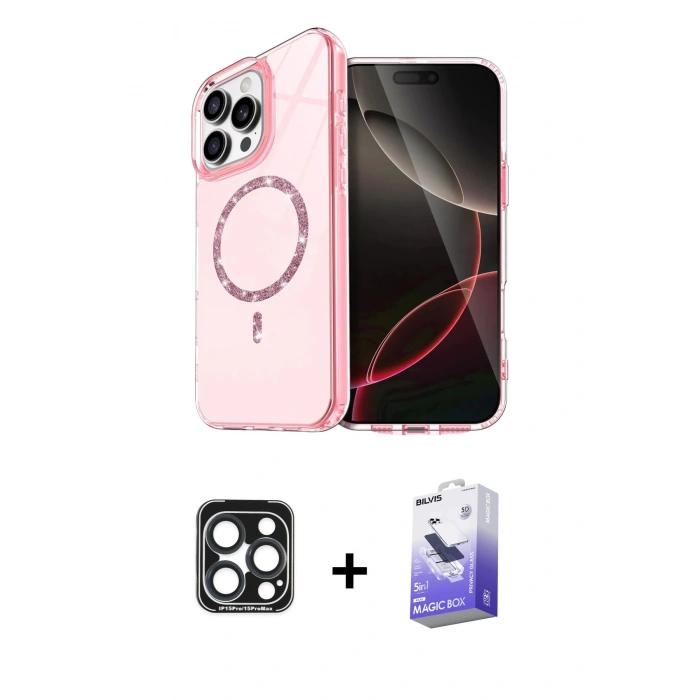 MARSİLYAN™- iPhone 15 Pro Max Kılıf Kıvılcım Form Prime - Siyah Bilvis 5in1 5D Magic Hayalet Cam Ekran Koruyucu + PVD Metal Kamera Lens - LT