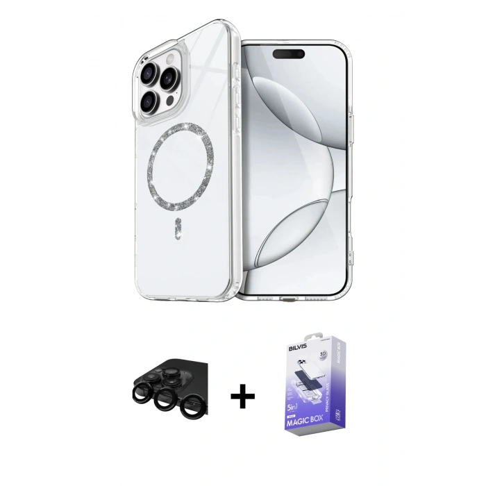 MARSİLYAN™- iPhone 15 Pro Max Kılıf Kıvılcım Form Prime - Siyah Bilvis 5in1 5D Magic Hayalet Cam Ekran Koruyucu + Raze Metal Kamera Lens - SH