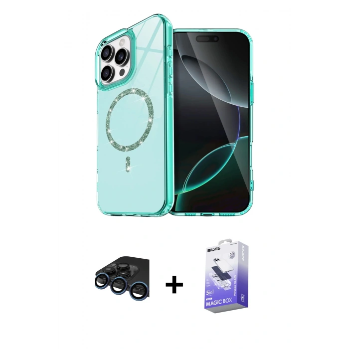 MARSİLYAN™- iPhone 15 Pro Max Kılıf Kıvılcım Form Prime - Siyah Bilvis 5in1 5D Magic Hayalet Cam Ekran Koruyucu + Raze Metal Kamera Lens - LT