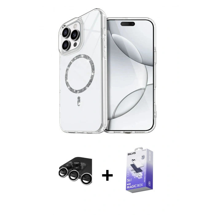 MARSİLYAN™- iPhone 15 Pro Max Kılıf Kıvılcım Form Prime - Siyah Bilvis 5in1 5D Magic Hayalet Cam Ekran Koruyucu + Raze Metal Kamera Lens - GS
