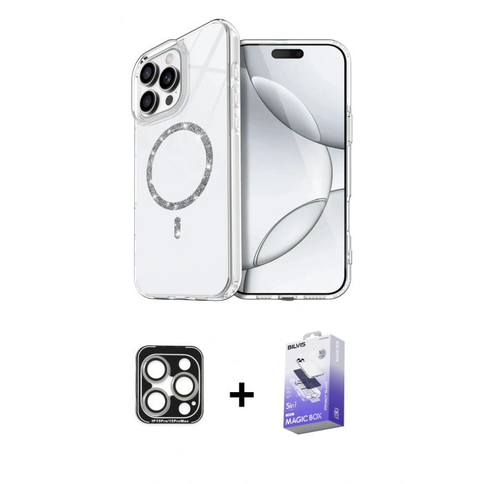 MARSİLYAN™- iPhone 15 Pro Max Kılıf Kıvılcım Form Prime - Siyah Bilvis 5in1 5D Magic Hayalet Cam Ekran Koruyucu + PVD Metal Kamera Lens - GS