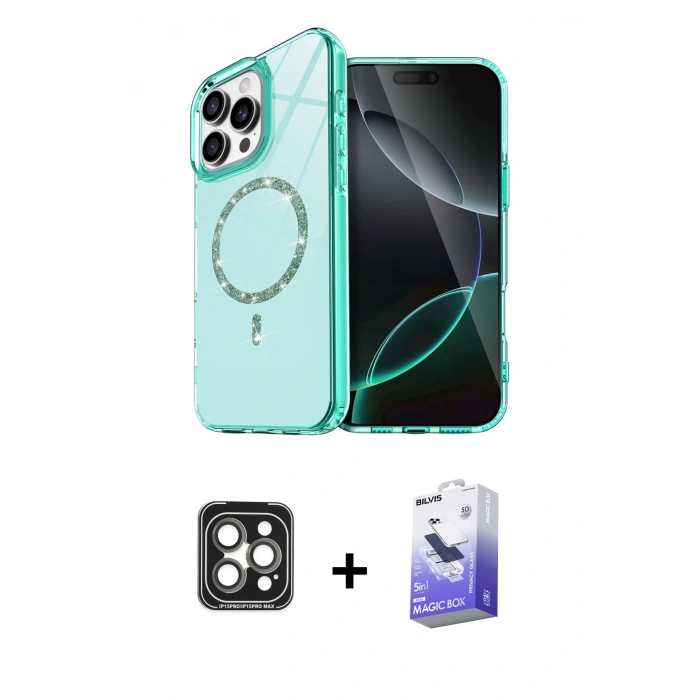 MARSİLYAN™- iPhone 15 Pro Max Kılıf Kıvılcım Form Prime - Siyah Bilvis 5in1 5D Magic Hayalet Cam Ekran Koruyucu + PVD Metal Kamera Lens - GI