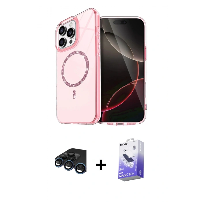 MARSİLYAN™- iPhone 15 Pro Max Kılıf Kıvılcım Form Prime - Siyah Bilvis 5in1 5D Magic Hayalet Cam Ekran Koruyucu + Raze Metal Kamera Lens - LT