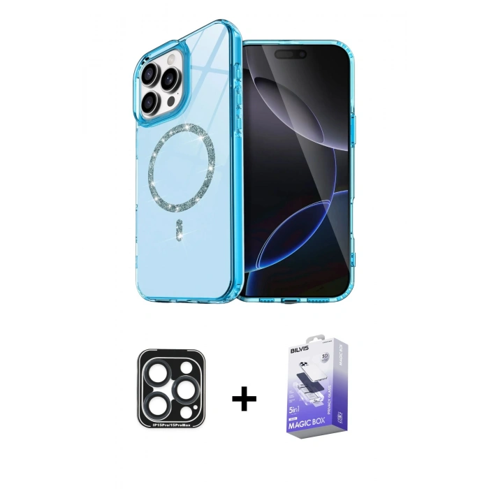 MARSİLYAN™- iPhone 15 Pro Max Kılıf Kıvılcım Form Prime - Siyah Bilvis 5in1 5D Magic Hayalet Cam Ekran Koruyucu + PVD Metal Kamera Lens - LT
