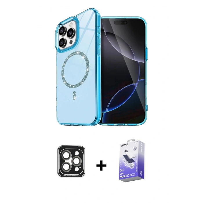 MARSİLYAN™- iPhone 15 Pro Max Kılıf Kıvılcım Form Prime - Siyah Bilvis 5in1 5D Magic Hayalet Cam Ekran Koruyucu + PVD Metal Kamera Lens - GI