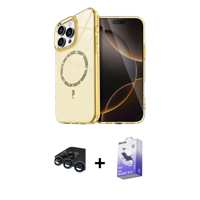 MARSİLYAN™- iPhone 15 Pro Max Kılıf Kıvılcım Form Prime - Siyah Bilvis 5in1 5D Magic Hayalet Cam Ekran Koruyucu + Raze Metal Kamera Lens - LT
