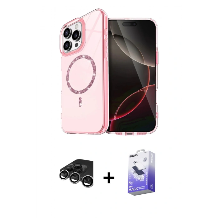 MARSİLYAN™- iPhone 15 Pro Max Kılıf Kıvılcım Form Prime - Siyah Bilvis 5in1 5D Magic Hayalet Cam Ekran Koruyucu + Raze Metal Kamera Lens - GS