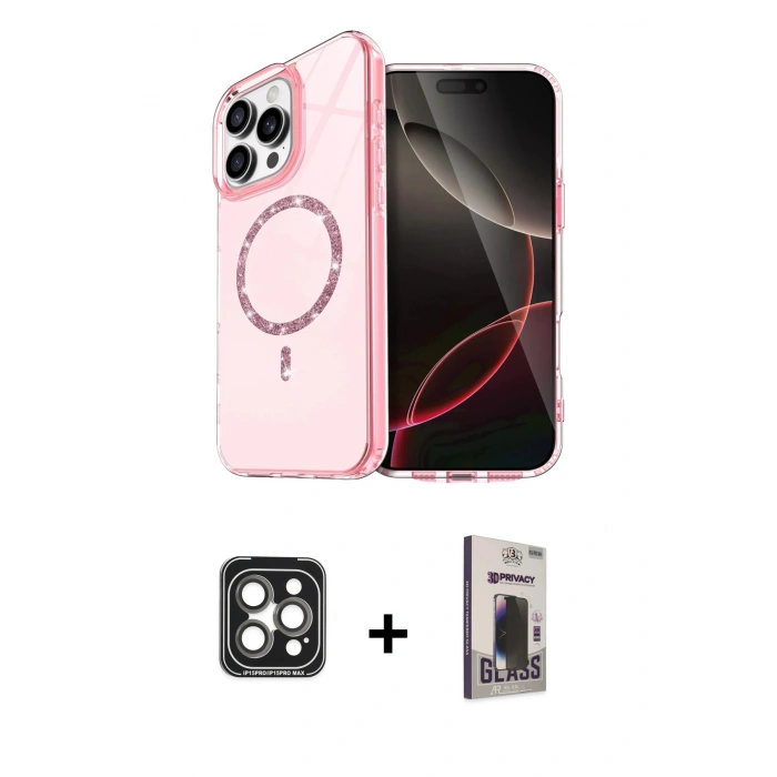 MARSİLYAN™- iPhone 15 Pro Max Kılıf Kıvılcım Form Prime - Siyah Bilvis Hayalet Cam Ekran Koruyucu + PVD Metal Kamera Lens - GI