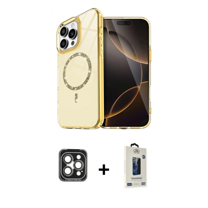 MARSİLYAN™- iPhone 15 Pro Max Kılıf Kıvılcım Form Prime - Siyah Bilvis Hayalet Cam Ekran Koruyucu + PVD Metal Kamera Lens - GI