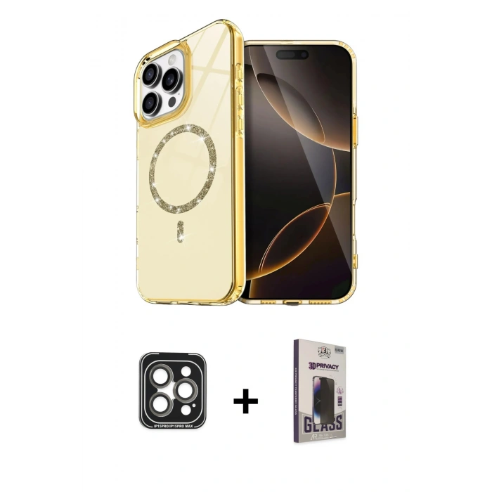 MARSİLYAN™- iPhone 15 Pro Max Kılıf Kıvılcım Form Prime - Siyah Bilvis Hayalet Cam Ekran Koruyucu + PVD Metal Kamera Lens - GI