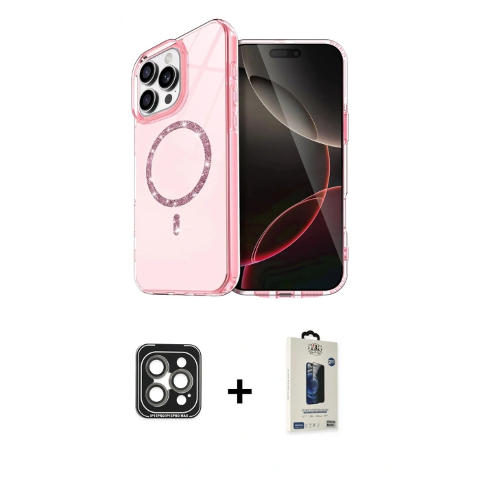 MARSİLYAN™- iPhone 15 Pro Max Kılıf Kıvılcım Form Prime - Siyah Bilvis Hayalet Cam Ekran Koruyucu + PVD Metal Kamera Lens - GI