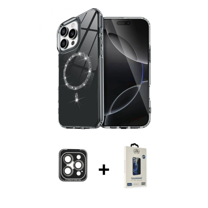 MARSİLYAN™- iPhone 15 Pro Max Kılıf Kıvılcım Form Prime - Siyah Bilvis Hayalet Cam Ekran Koruyucu + PVD Metal Kamera Lens - GI