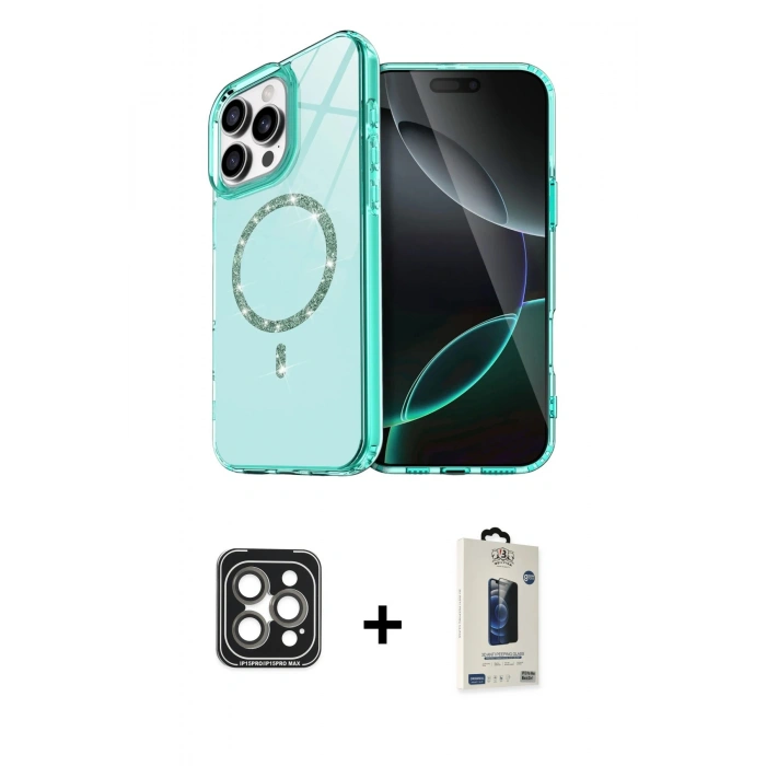 MARSİLYAN™- iPhone 15 Pro Max Kılıf Kıvılcım Form Prime - Siyah Bilvis Hayalet Cam Ekran Koruyucu + PVD Metal Kamera Lens - GI