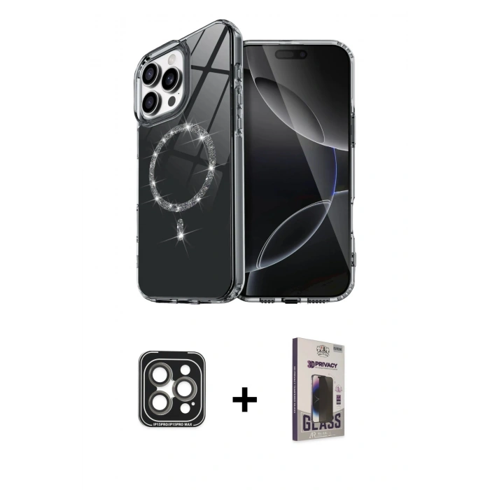 MARSİLYAN™- iPhone 15 Pro Max Kılıf Kıvılcım Form Prime - Siyah Bilvis Hayalet Cam Ekran Koruyucu + PVD Metal Kamera Lens - GI
