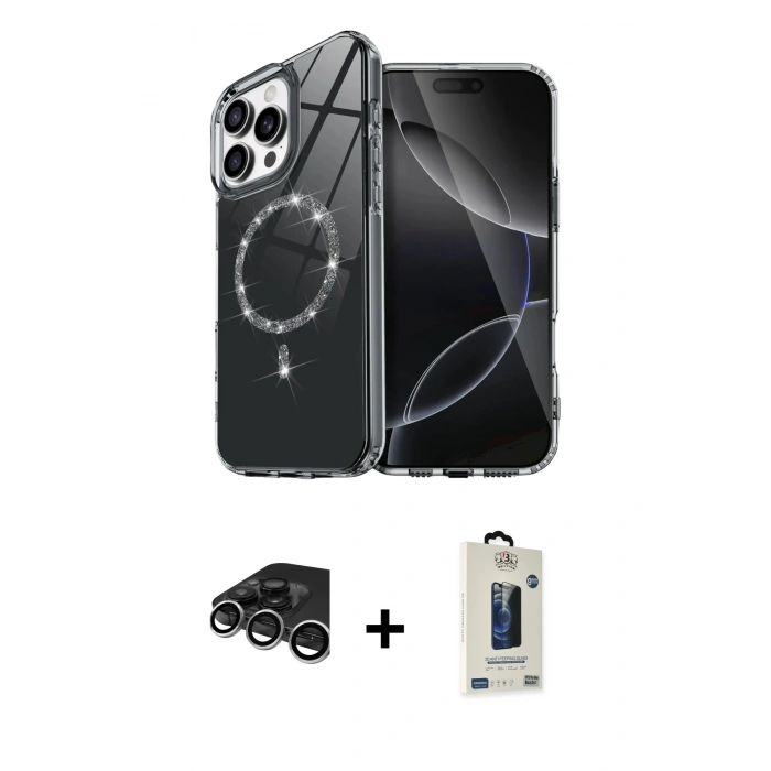 MARSİLYAN™- iPhone 15 Pro Max Kılıf Kıvılcım Form Prime - Siyah Bilvis Hayalet Cam Ekran Koruyucu + Raze Metal Kamera Lens - GS